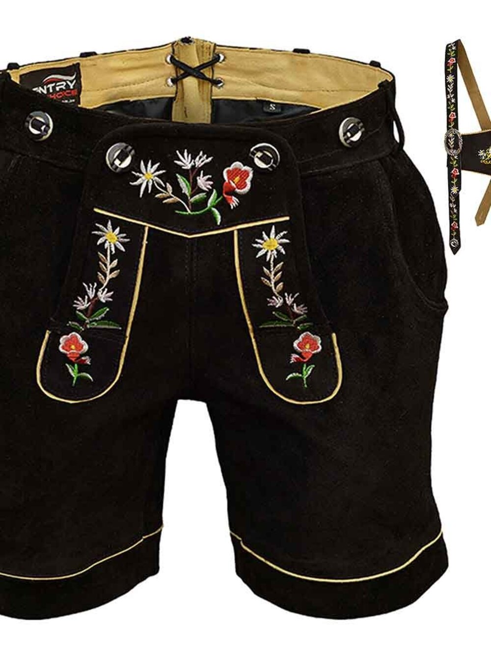 Suede Lederhosen Bavarian Leather Shorts with Embroidered Adjustable Suspenders - Picture 10 of 12